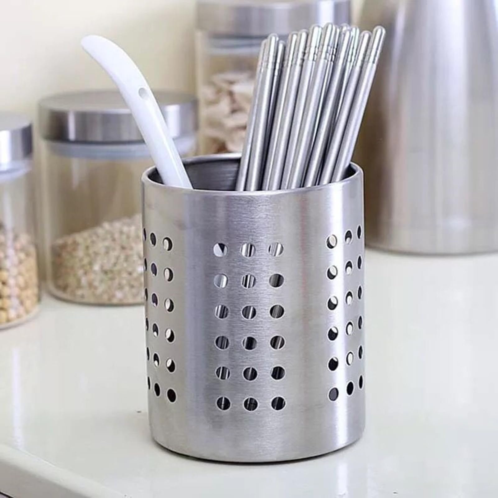 Quoravel Stainless Steel Chopstick Holder, Cutlery Utensil Container With Drain Holes, Well Made Lightweight Tableware Caddy For Kitchen S