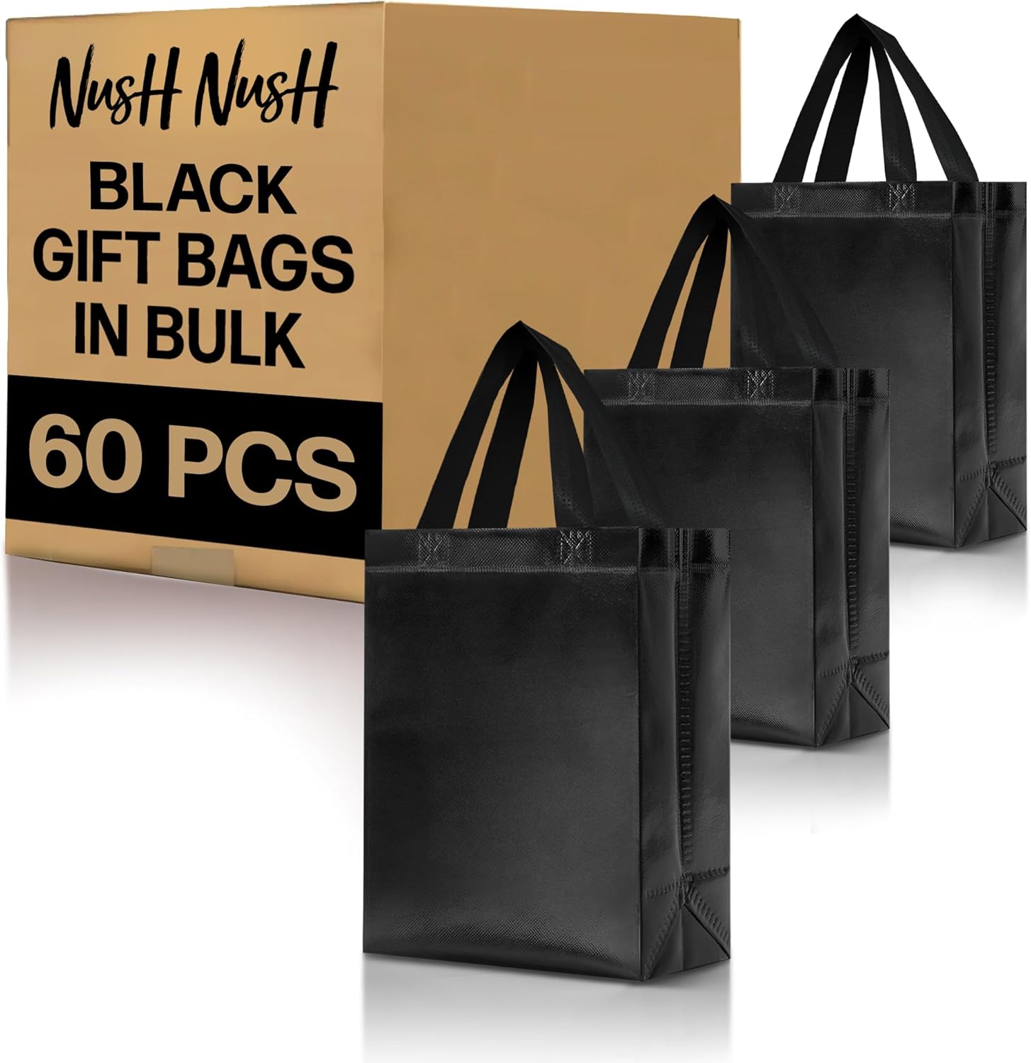 Nush Nush Set of 60 Shiny Black Gift Bags in Bulk - Reusable Black Gift Bags Medium Size - Metallic Party Favors Bags With Handles For Small Business Use, Gifting Events, Birthdays- 8Wx4Dx10H Size