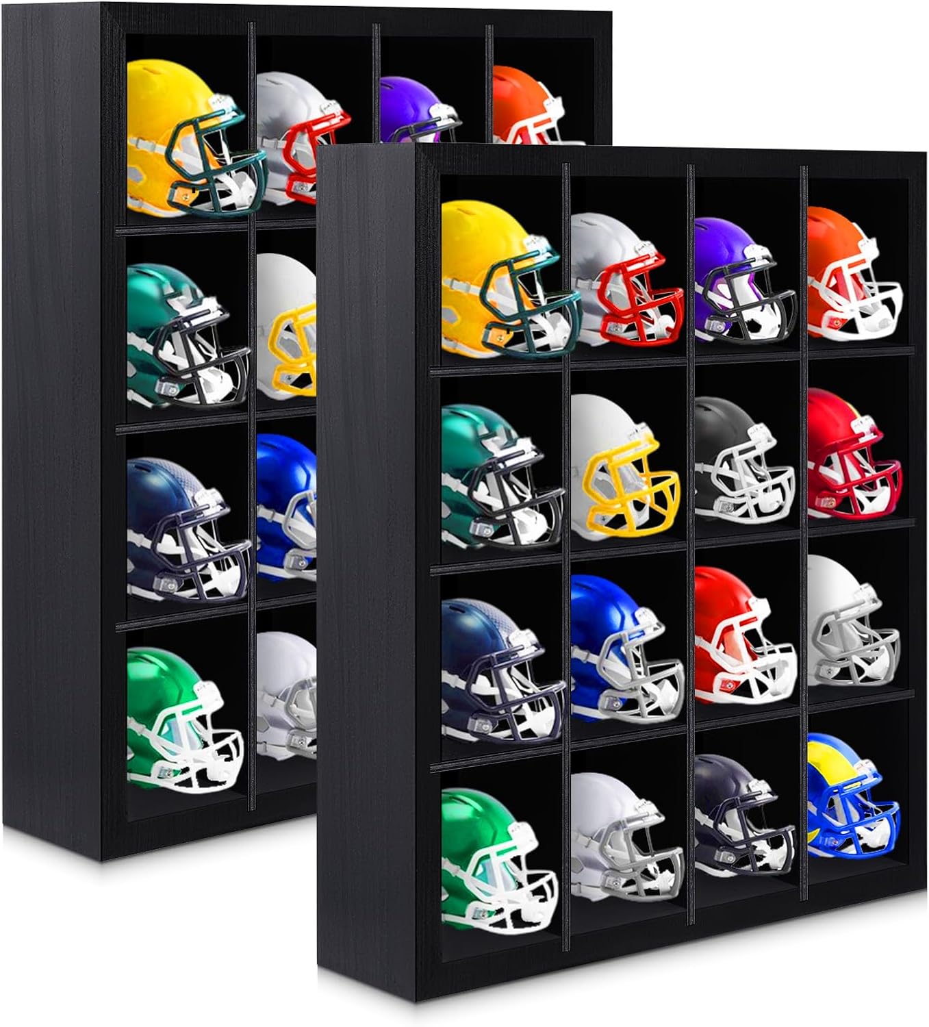 2 Pack Pocket Size Helmet Display Case Football Helmets Wooden Stand Display Cabinet Racks, 11.54"x10.35"x2.4", 4x4 Grid, Black, No Door No Cover(Black)