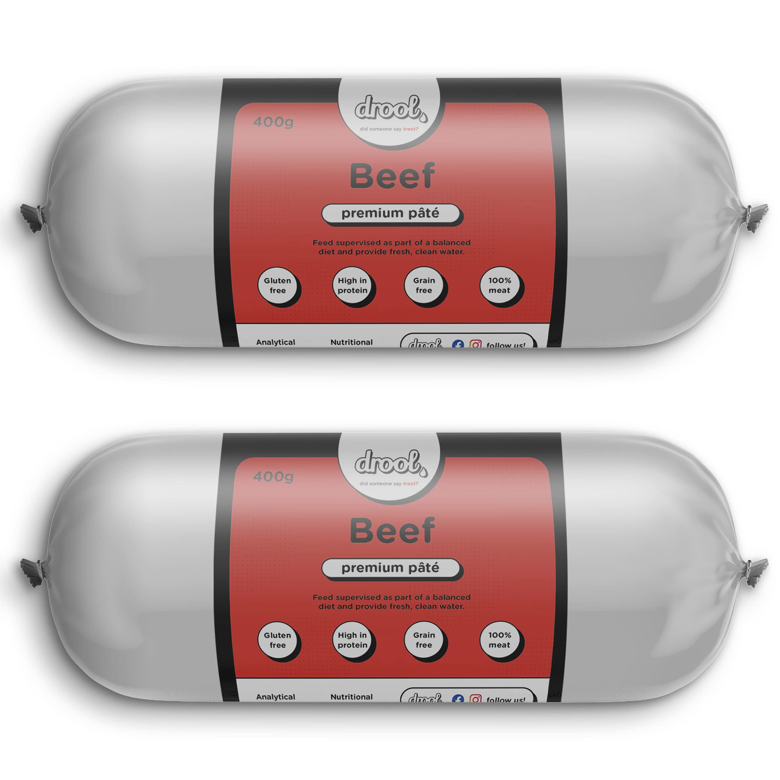 Drool Pet Products | Premium 2 x Beef Dog Pate Tube Roll | Grain-Free High Protein Dog Food | Twin Pack 2 x 400g