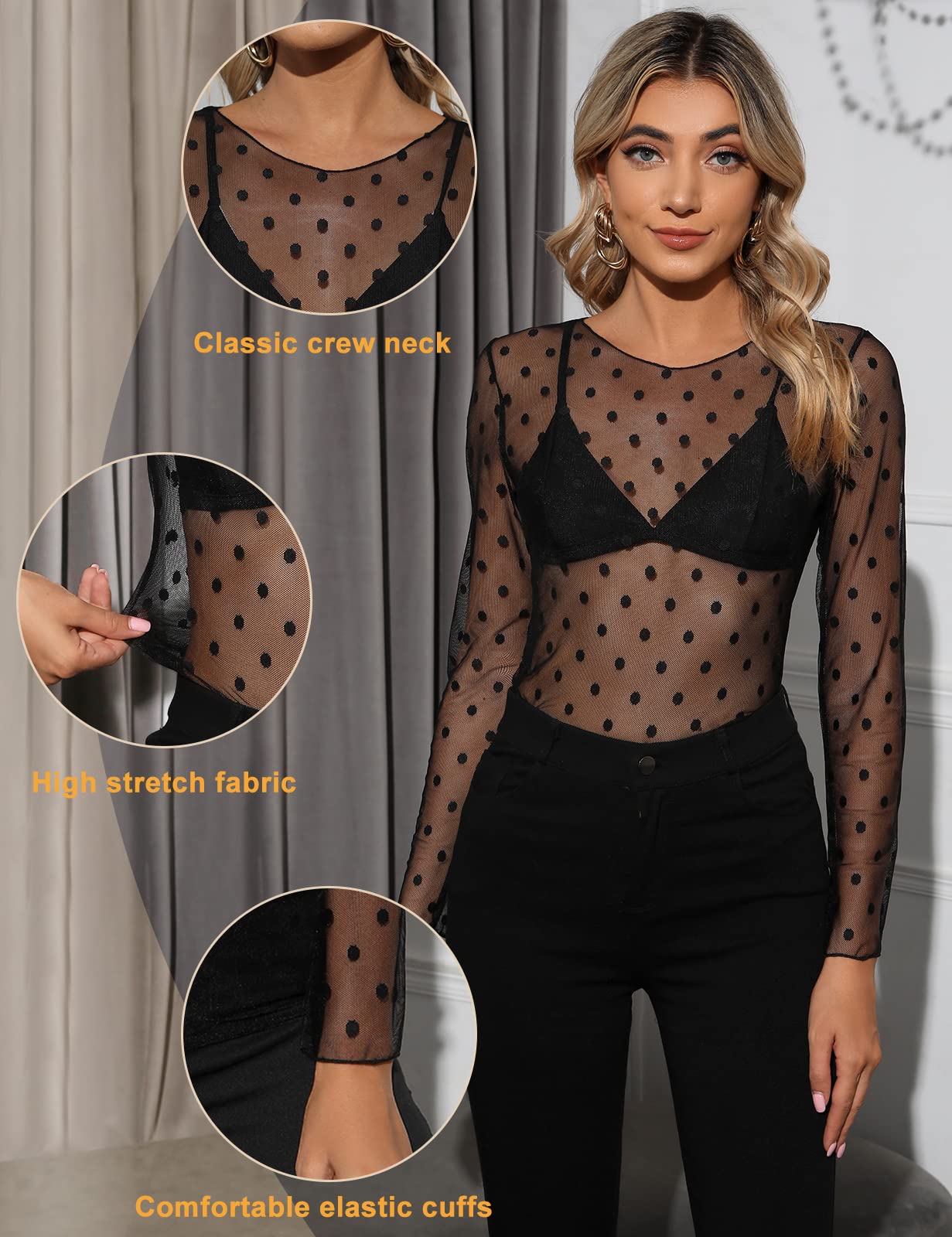 CMTOP Donna Maglie Manica Leggera Lunga Maglietta in Rete Trasparente Tops Slim Fit T Shirt in Tulle