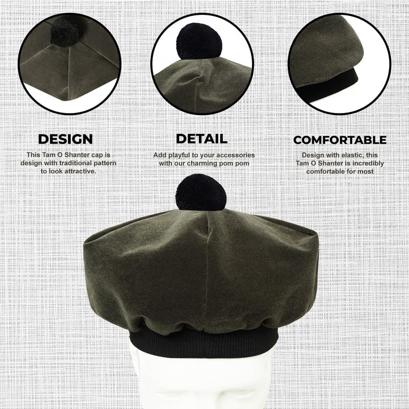 Image of Scottish Tam O' Shanter Hat Tartan Bonnet Pom Pom Wool Flat Cap One Size