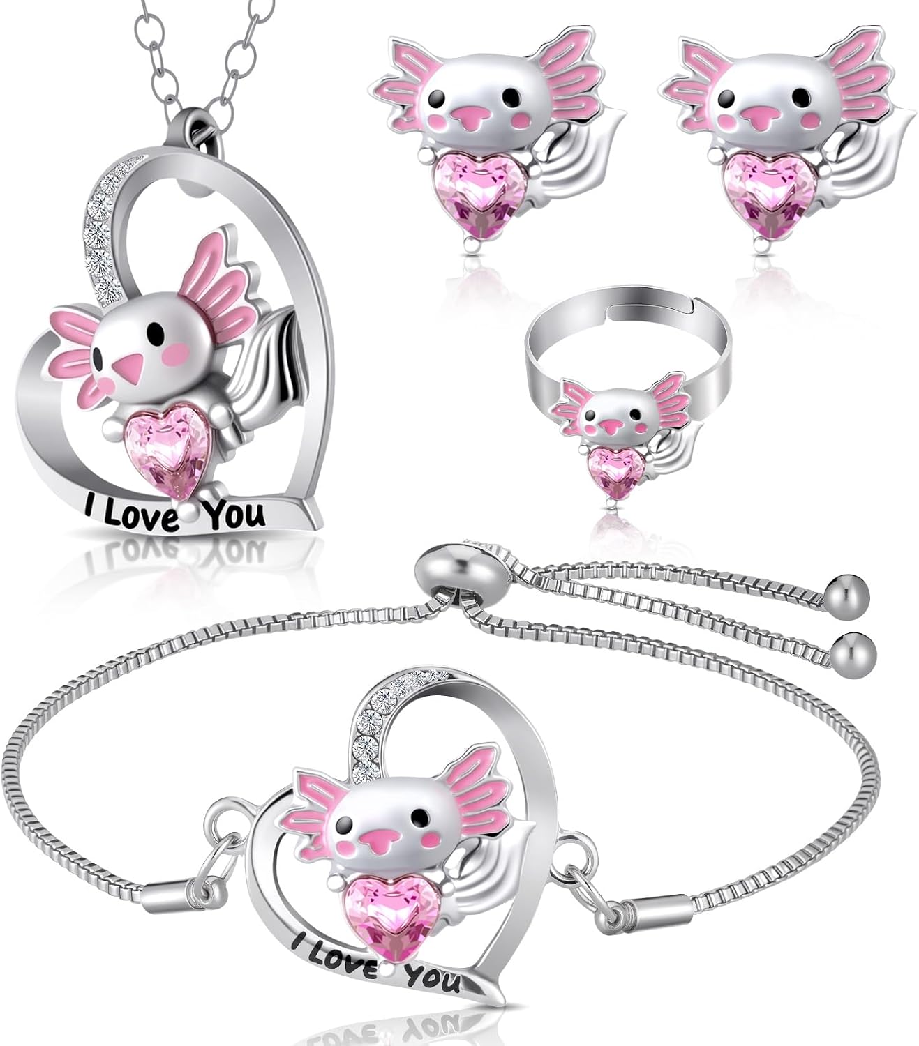 4 Pcs Girl Unicorn Axolotl Jewelry Set Necklace Bracelet Ring Clip on Earrings Crystal Pendant Gifts for Toddler