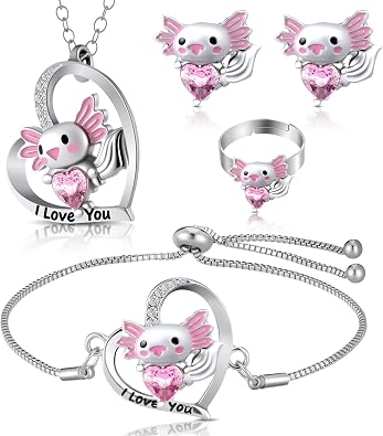 4 Pcs Girl Unicorn Axolotl Jewelry Set Necklace Bracelet Ring Clip on Earrings Crystal Pendant Gifts for Toddler