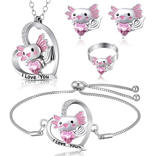 4 Pcs Girl Unicorn Axolotl Jewelry Set Bracelet Ring Stud Earring Crystal Pendant Jewelry for Christmas Toddler Gifts