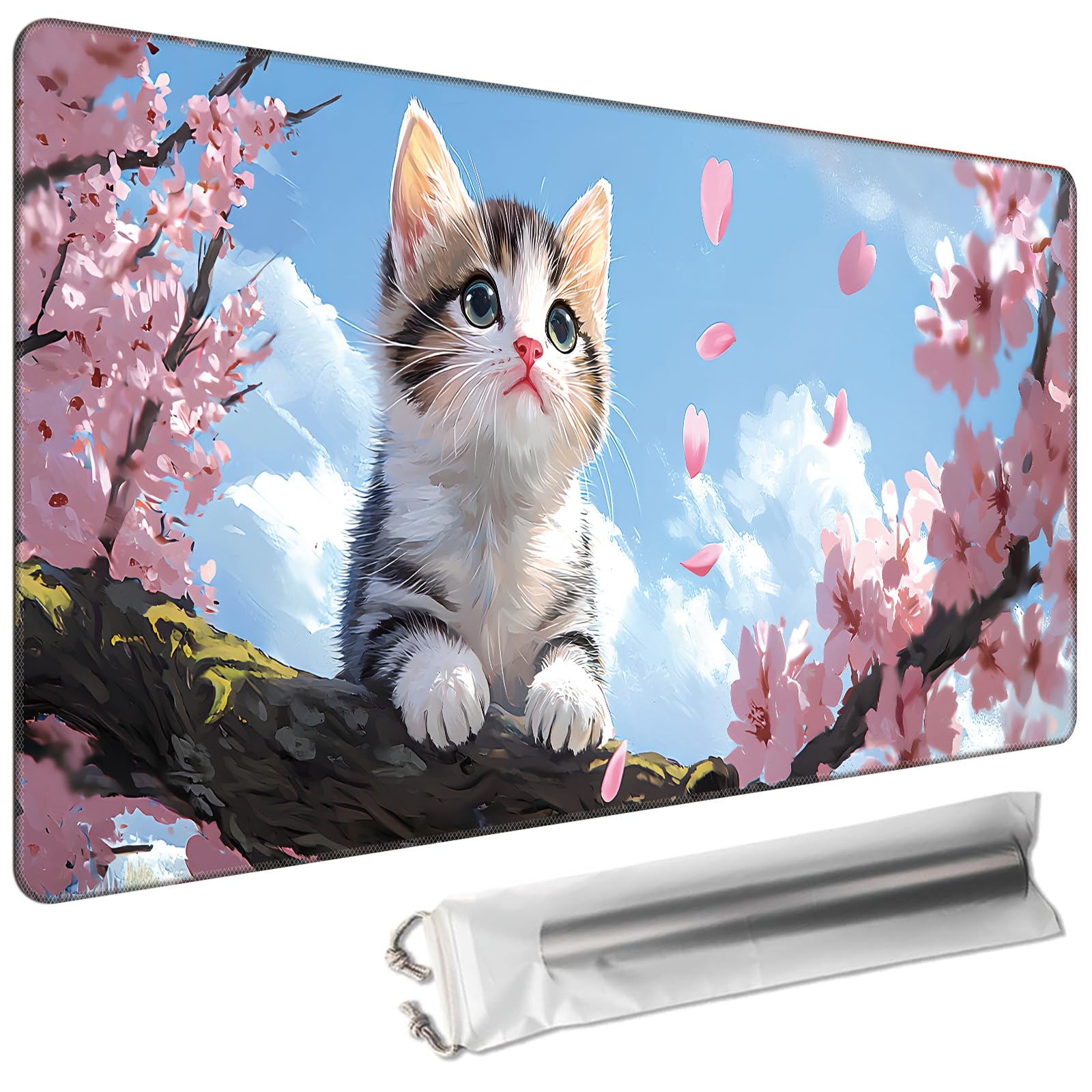 Cdkfxjy MTG Playmat 27.5 x 15.7in Includes Storage Bag,TCG Playmat with Soft Surface Premium Non-Slip Rubber Backing Stitched Edges Durable Gaming Mat,Cat Cherry Blossom