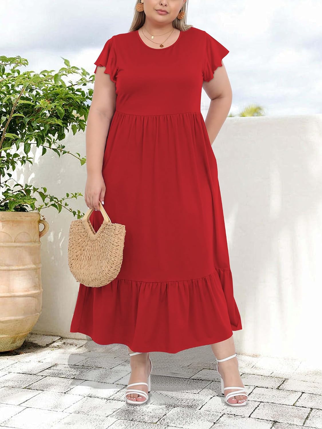 Women's Plus Size Maxi Dress Crew Neck Ruffle Short Sleeve Summer Casual Dresses with Pockets Floral Long Dress