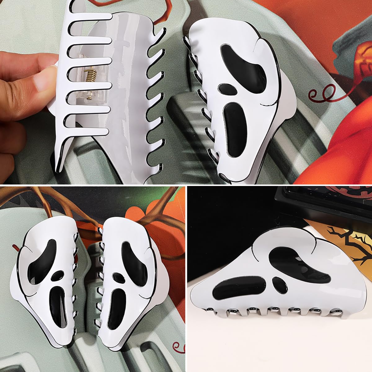 2 Stück große Halloween-Haarklammern, Geist, Gesicht, Haarnadeln, Masken, Haarspangen, Punk, Pferdeschwanz, Clip, Schrei, Grimassen, gruseliges Styling, Hai-Clip, lustiges Haar-Accessoire,
