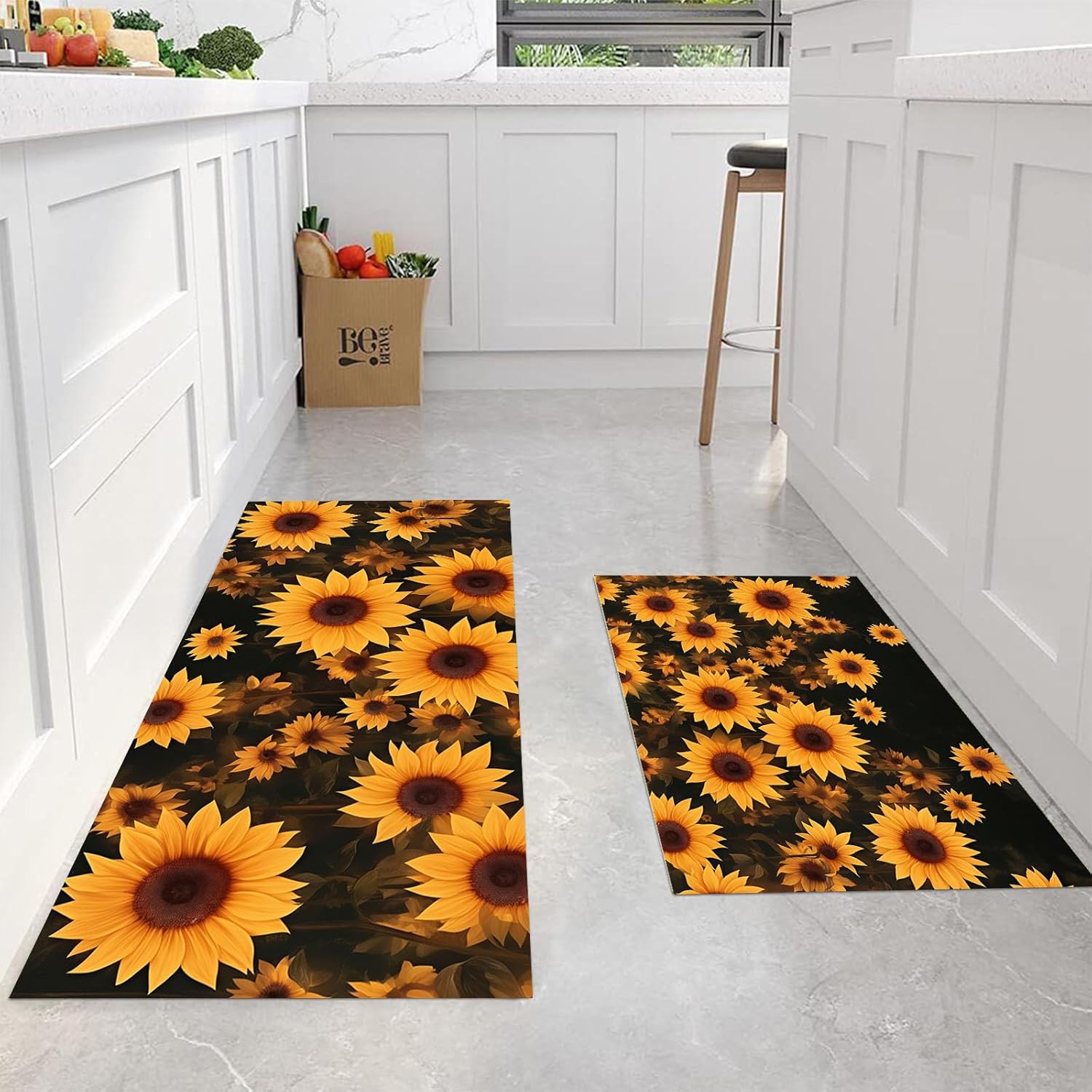 Non Slip Kitchen Rug Set, Water Absorbent Sunflower Field Floor Mats, Surrealist Style Kitchen Carpets Rugs for Home Dining Room Entryway, Orange 17.3"x59"+17.3"x30" 2 Pieces