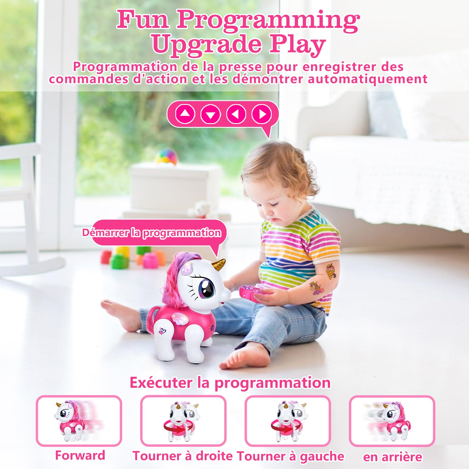 Joellfuner Licorne Jouet, Robot Telecommandé Enfant, Interactif Robot Fonction d'Enregistrement Programmable, Musique, Danse et Touchant, Licorne Jouets pour Filles 3+ Cadeaux