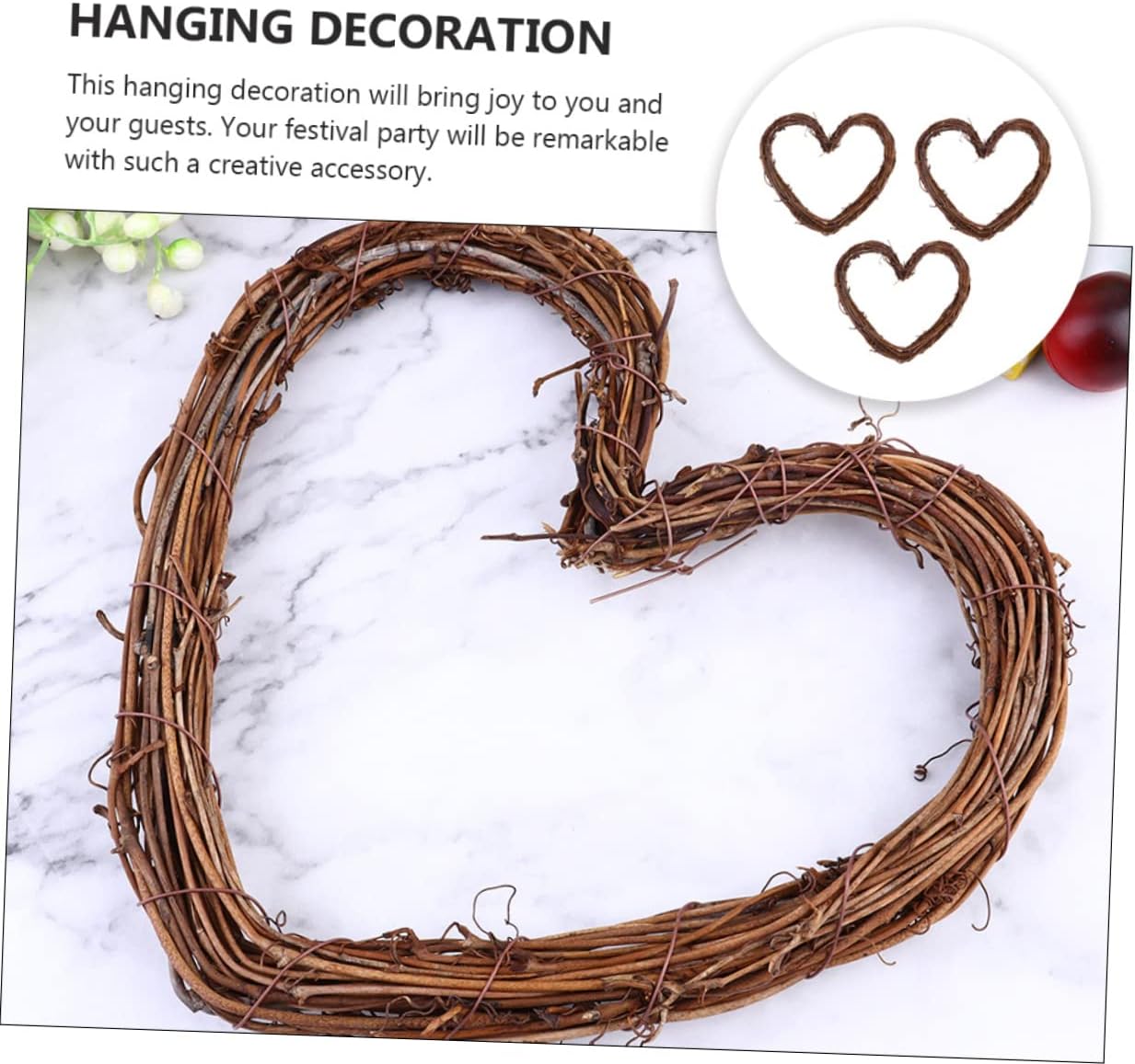 3pcs Love Heart Shape Rattan Christmas Adornment Hanging Ornament