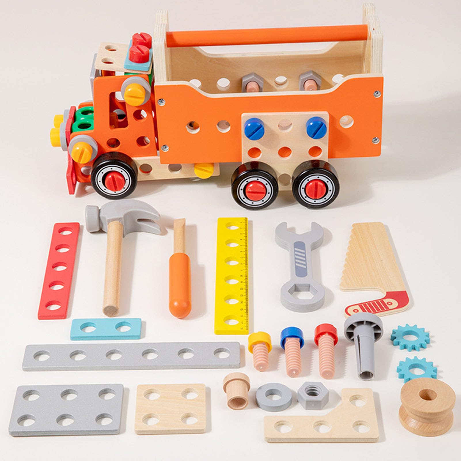 Holz-Spielzeug-LKW zum Auseinanderbauen, Kinder DIY Baustellenauto | Kinderhandwerker-Bauspielzeug mit vollständigem Werkzeugzubehör, Lernspiel zur Förderung der Feinmotorik