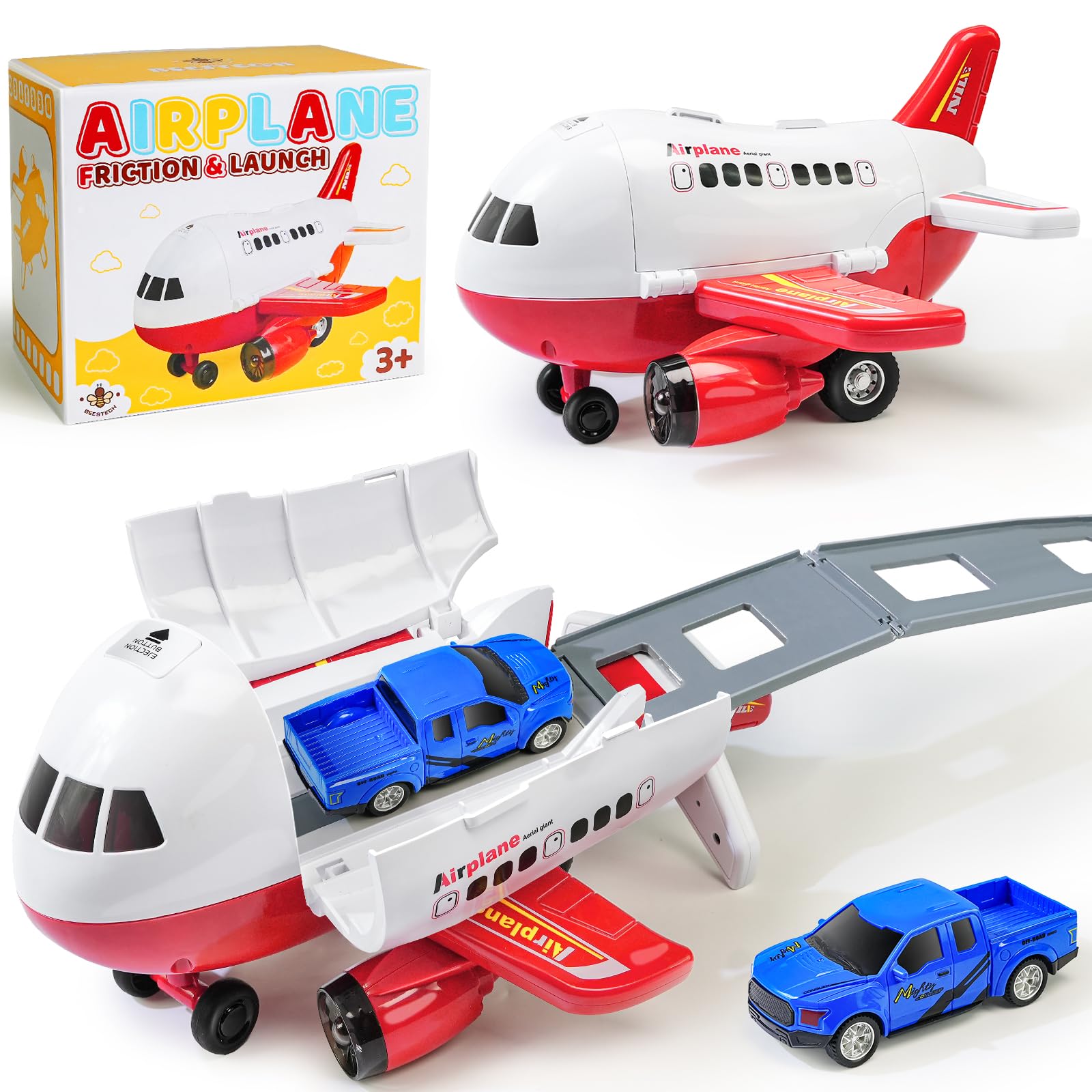 Beestech Airplane Toys with Runway and Car, Friction Powered Launcher Plane Toys for Boys Girls Kids Toddlers 3 4 5 6 Year Olds, Birthday Gifts (Red)