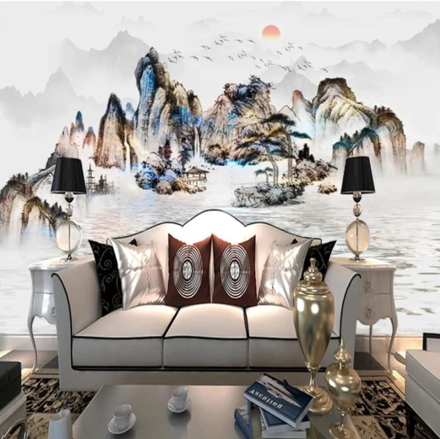Papier peint paysage de montagne 3D amovible pour masquer un mur terne