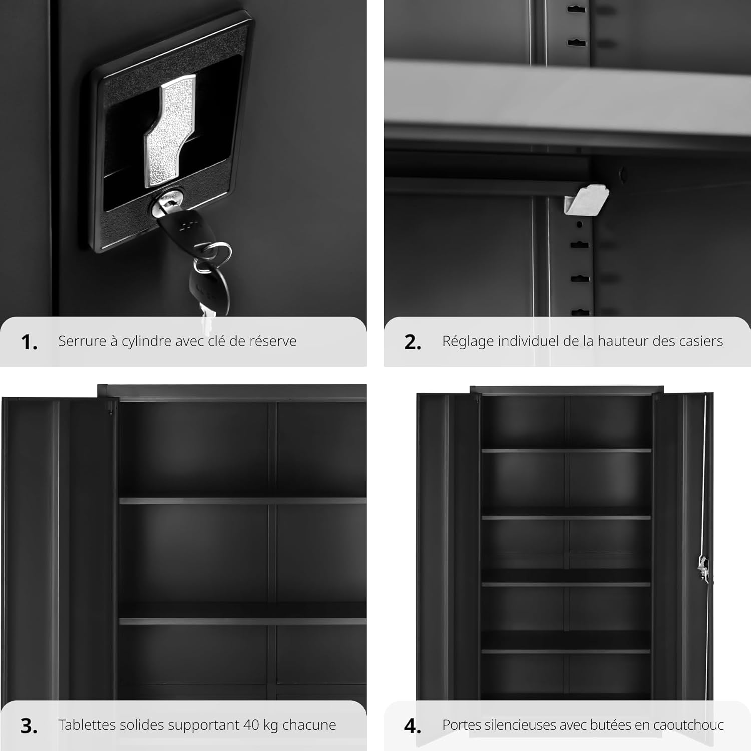 Four detailed close-up images showing the cylinder lock with key, individual height adjustment for shelves, solid shelves supporting 40 kg each, and silent doors with rubber buffers.