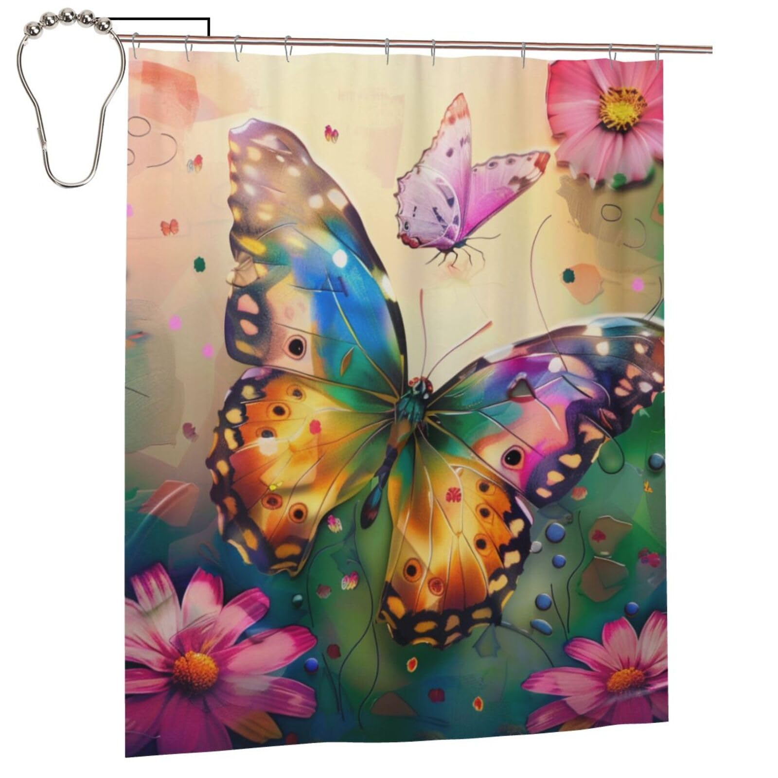 BWWHCCTI Beautiful Butterfly Printed Shower Curtain With 12 Iron Hooks Opaque Quick Drying Waterproof Shower Curtains Sets For Bathroom 152x183 Cm