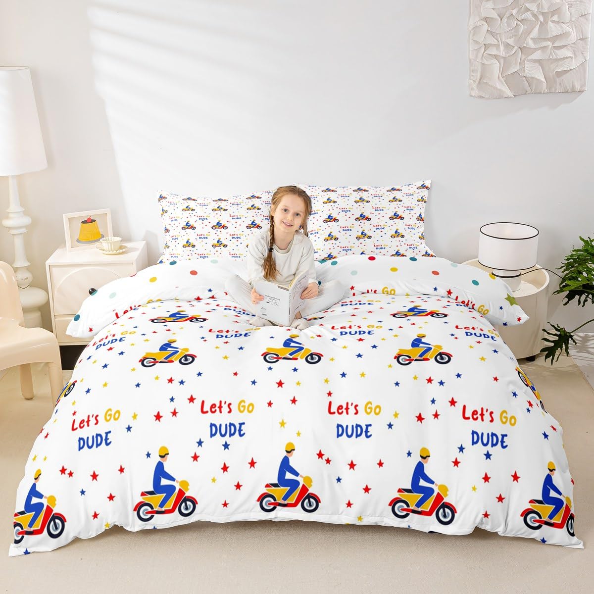 Homewish Cartoon Dirt Bike Single Quilt Cover for Kids Boys Men,Yellow And Blue Motorcycle Duvet Cover,Motorbike Extreme Sport Bedding Set,Motocross Rider Bed Set Cute Stars Room Decor