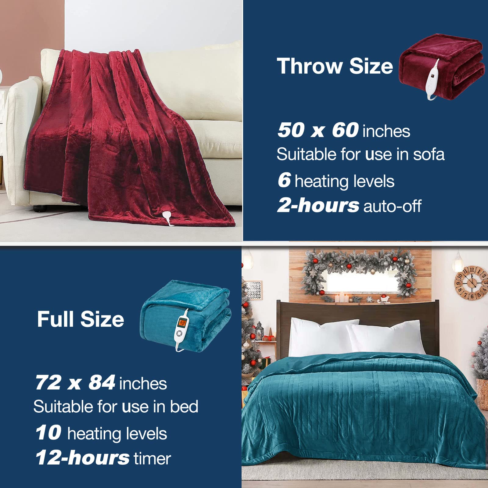 DAILYLIFE Heated Blanket Electric Throw Blanket, 50" x 60" Flannel Heating Blanket with 6 Heat Settings and 2 Hours Auto-Off, Couch Chair, Machine Washable, Red