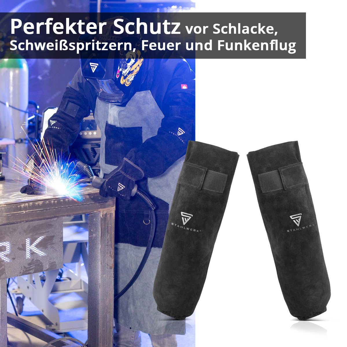 STAHLWERK Schweißerärmel Schweißerschutzärmel aus Spaltleder mit Klettverschluss zum Schweißen und Plasmaschneiden