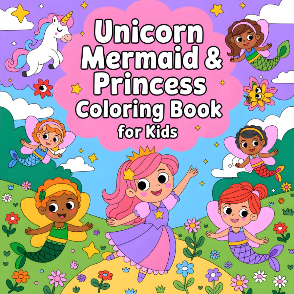 Unicorn, Mermaid and Princess Coloring Book: A Magical Fantasy Coloring Adventure for Girls Ages 4–8 | Cute Unicorns, Beautiful Mermaids & Lovely Princesses for Creative Screen-Free Fun
