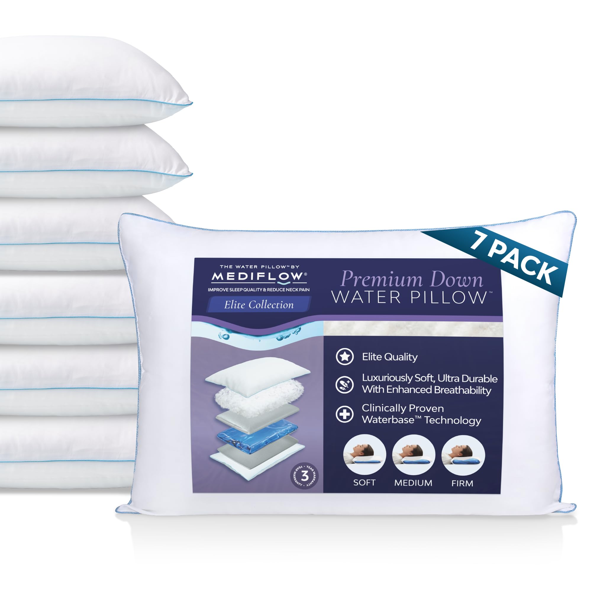 Mediflow Elite Down Water Pillow - 90 Down Fill Adjustable Pillow for Neck Pain Relief Pillow for Side