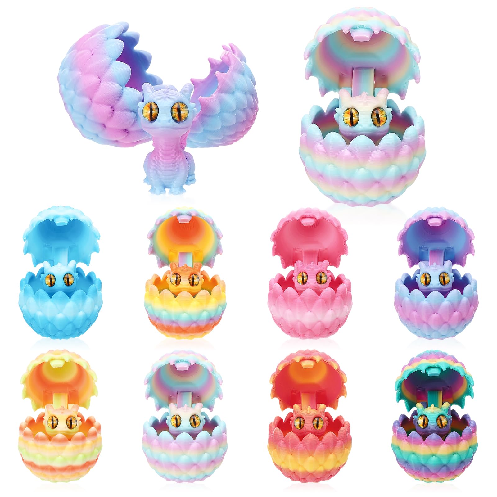 GSrenyu 8Pcs 3D Printed Dragon Set Iridescent, Mini Dragon with Dragon Eggs, 3D Printed Animals Creative Desk Decor For Home Office, Unique Gift for Collectors and Decor Enthusiasts