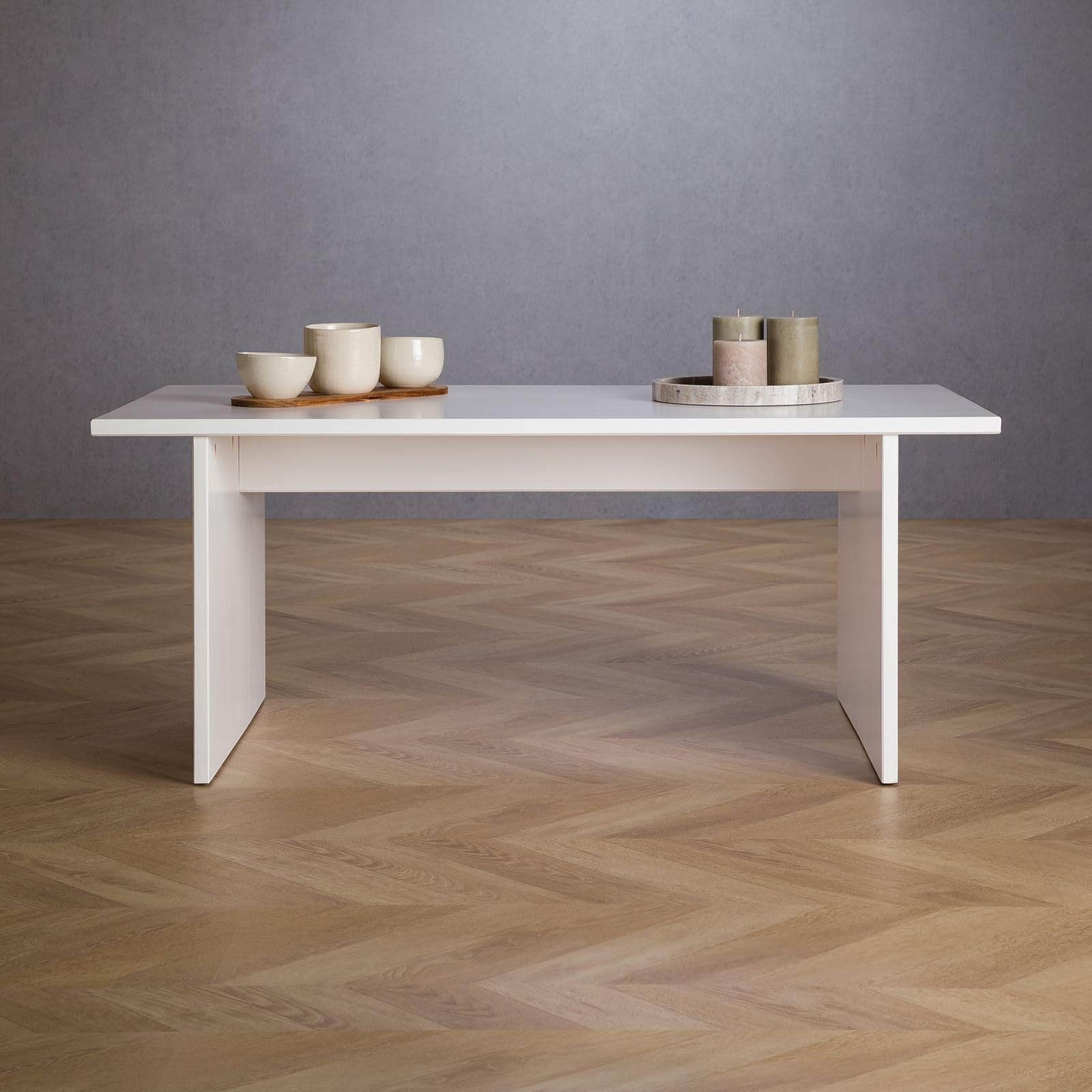 IDIMEX Table Basse Salto rectangulaire pour Salon en Bois Massif Blanc, 110x45 cm, élégante et Minimaliste, Pieds en Bois