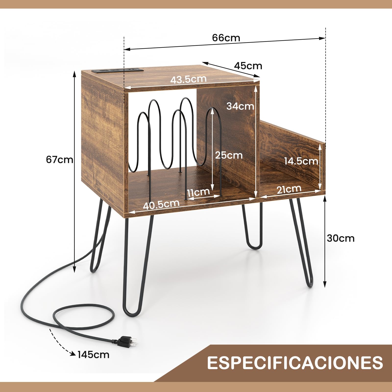 GIANTEX Soporte para Tocadiscos, 66 x 45 x 67 cm, Mesa Auxiliar con Estación de Carga Incorporada, Estantería de Almacenamiento para Vinilos con Patas Metálicas, Armario para Dormitorio, Salón (Café)