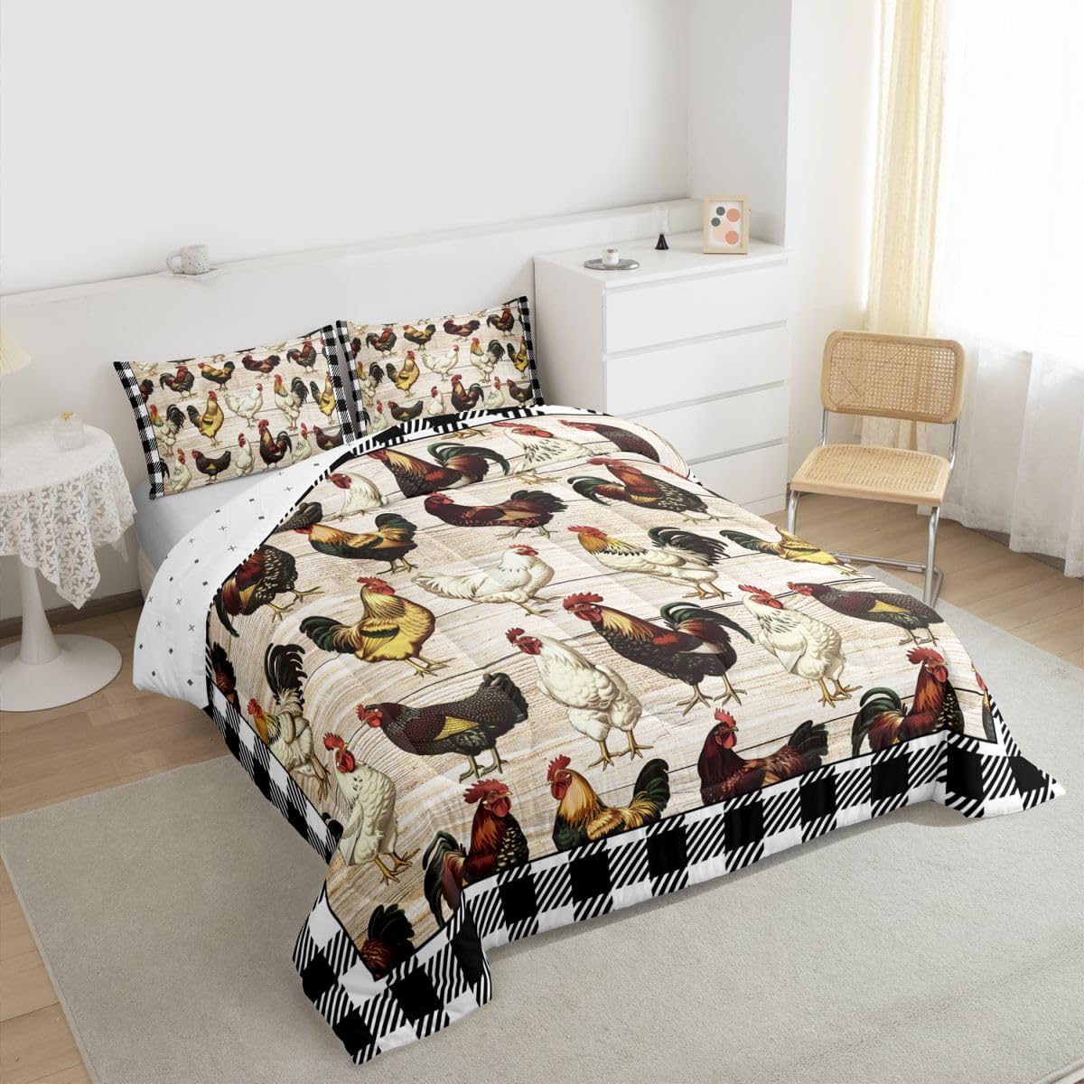 Feelyou Hen Rooster Print Bedding Set Farmhouse Animals Comforter Set Cute Chick Comforter Set for Women Men Room Decor Lightweight Rustic Wooden Duvet Set King Size with 2 Pillow Case