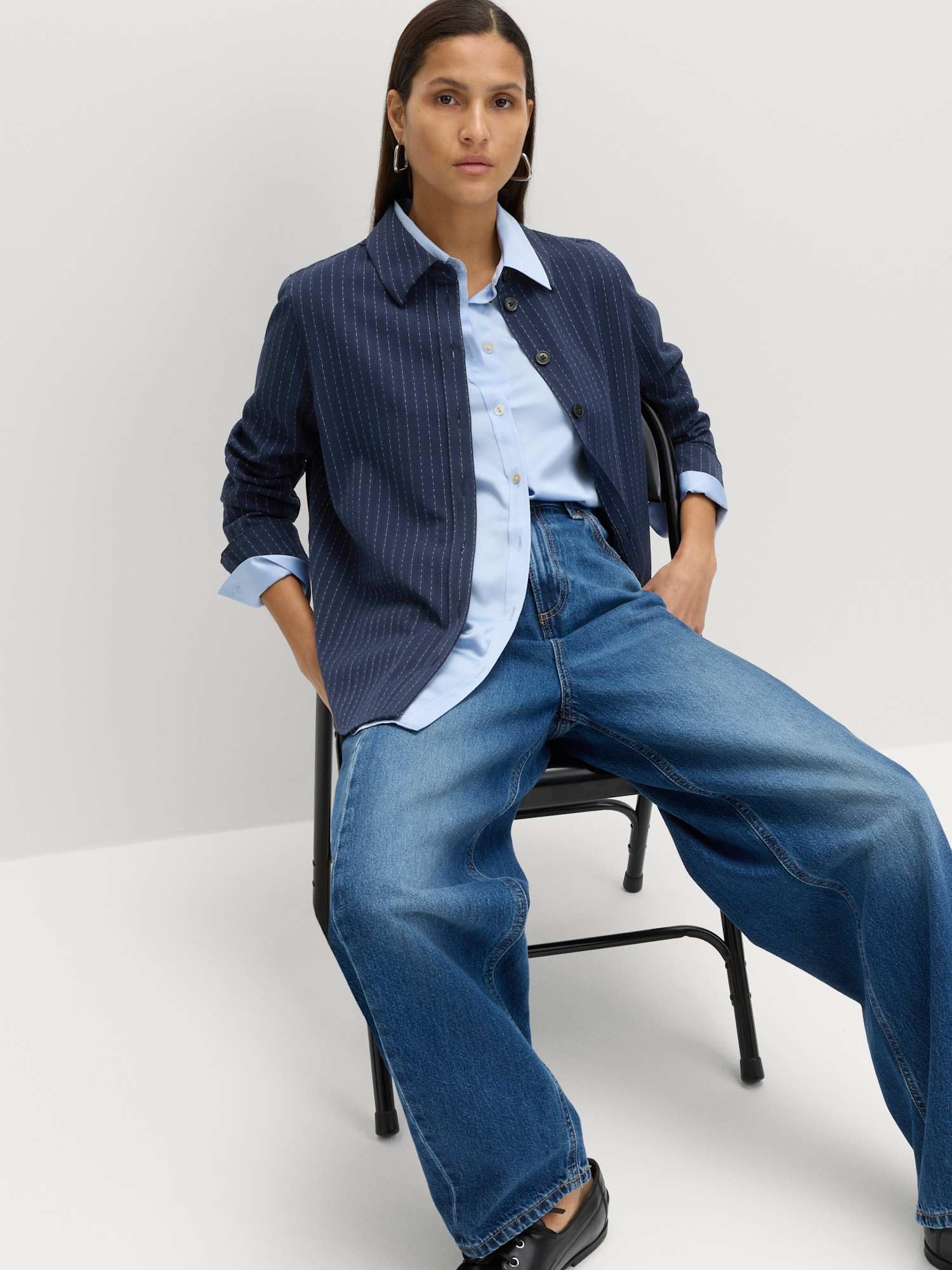 Marks & Spencer Donna Aderente Gessato Colletto Camicia – con Stretch – con Bottoni – Wide Polsini