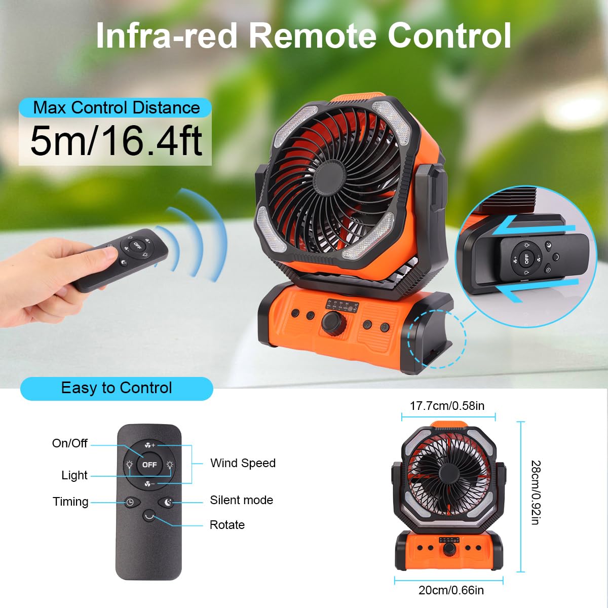 ELZO 20000mAh Camping Ventilator, Wiederaufladbarer Tischventilator USB mit LED Licht & Haken, 270° Drehung, Fernbedienung, Clip Fan für Outdoor Camping