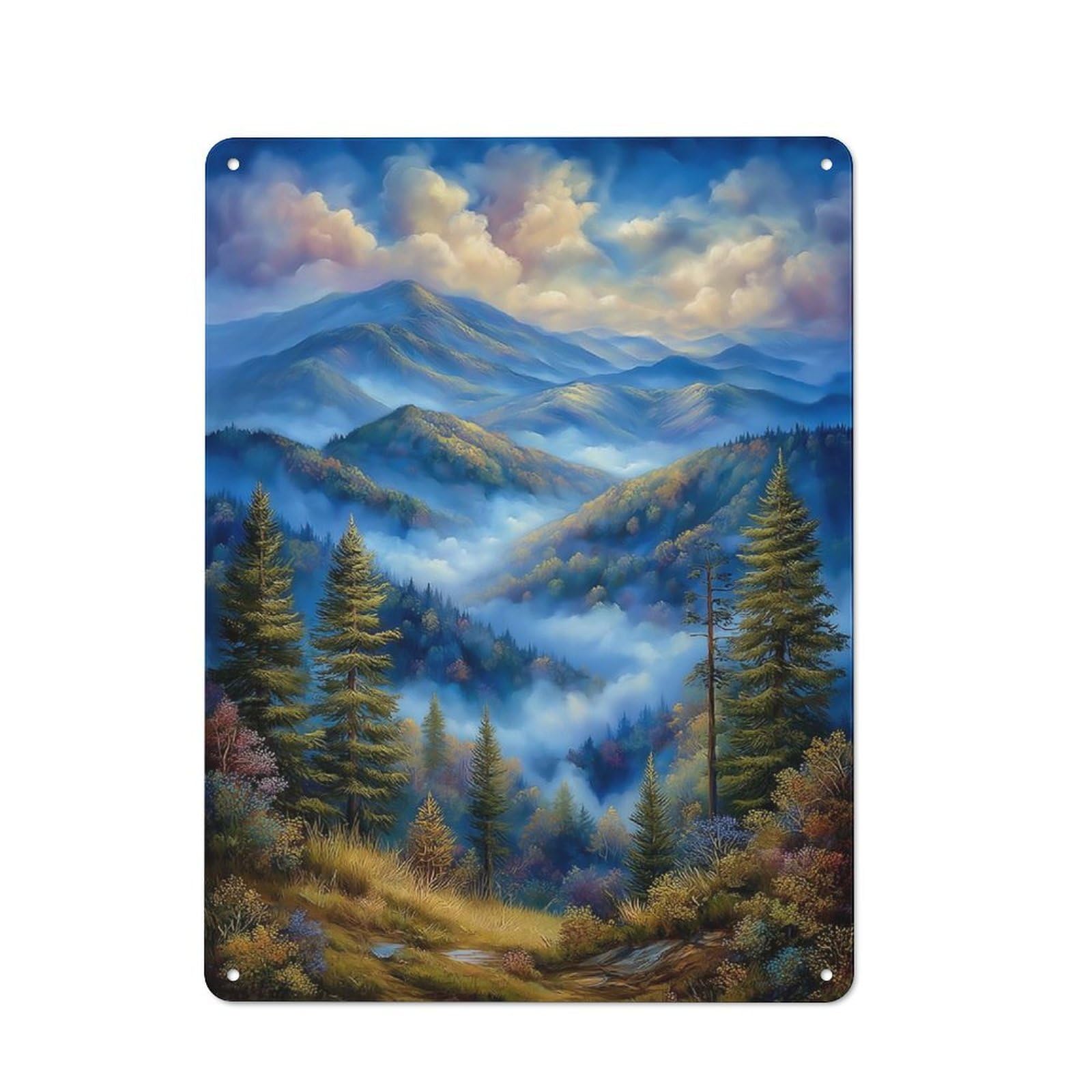 Decorative Metal Plaque with Misty Mountain Landscape Painting Design 40x30cm, Casual Utility Space Decor for Patio Bar, Workshop, Shed Or Kitchen