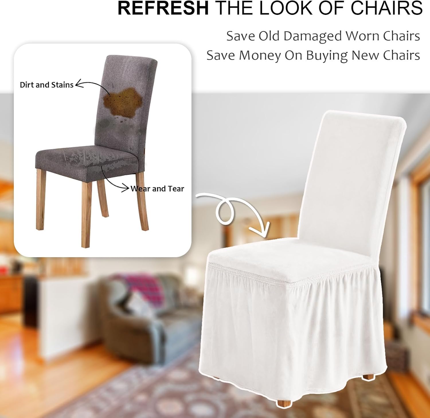 NICEEC Spandex Chair Covers for Dining Chairs Covers Set of 6 Removable Dining Room Chair Covers with Skirt Parson Chair Slipcovers Washable Chair Protector for Kitchen Wedding Party Banquet(White)