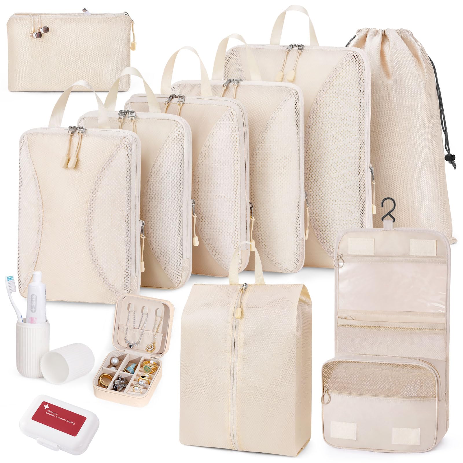 Juego de 12 cubos de embalaje de compresión, organizadores de maleta, cubos de embalaje extensibles, bolsas organizadoras de equipaje, artículos esenciales de viaje, color beige