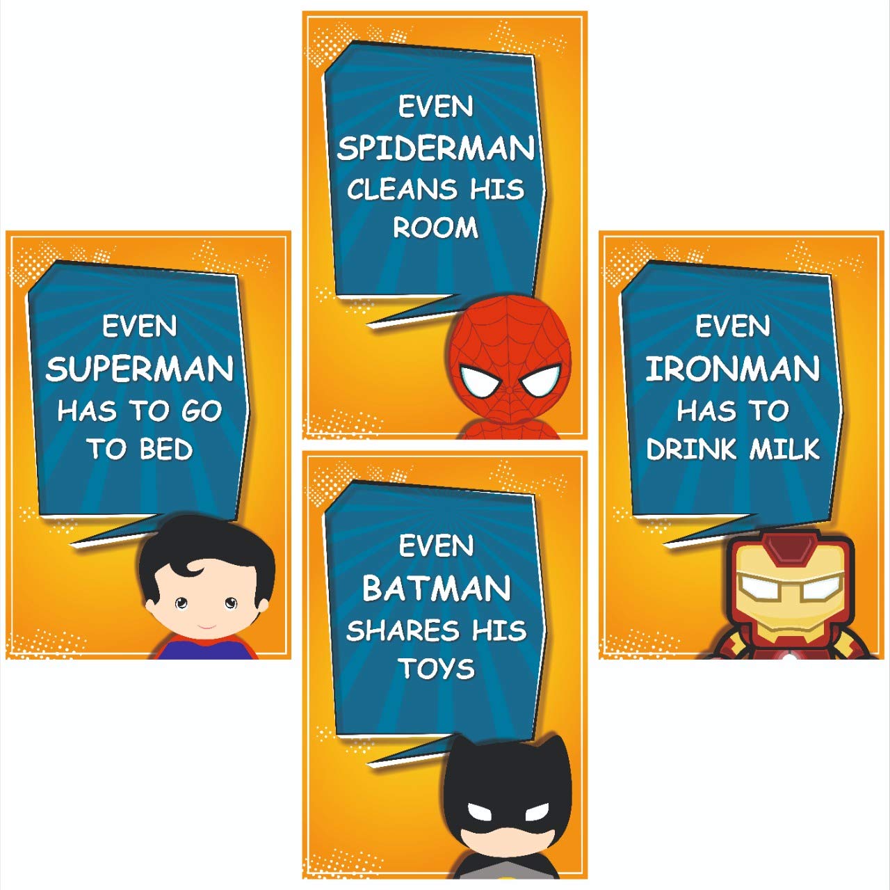 VantageKart Superhero Wall Posters Set of 4 for Kids Room | 12x18 Inch Cartoon Hero Wall Art for Boys Bedroom, Playroom & Nursery Decor | Colorful Kids Wall Decoration Posters