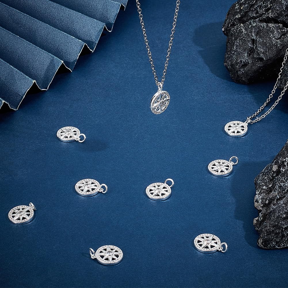 Beebeecraft 1 Box 10Pcs Compass Pendant Charms Real 925 Sterling Silver Plated Round Tibet Style Nautical Charms with Cubic Zirconia Jump Ring for Jewelry Making Bracelets Necklace Diy Crafts - Image 4