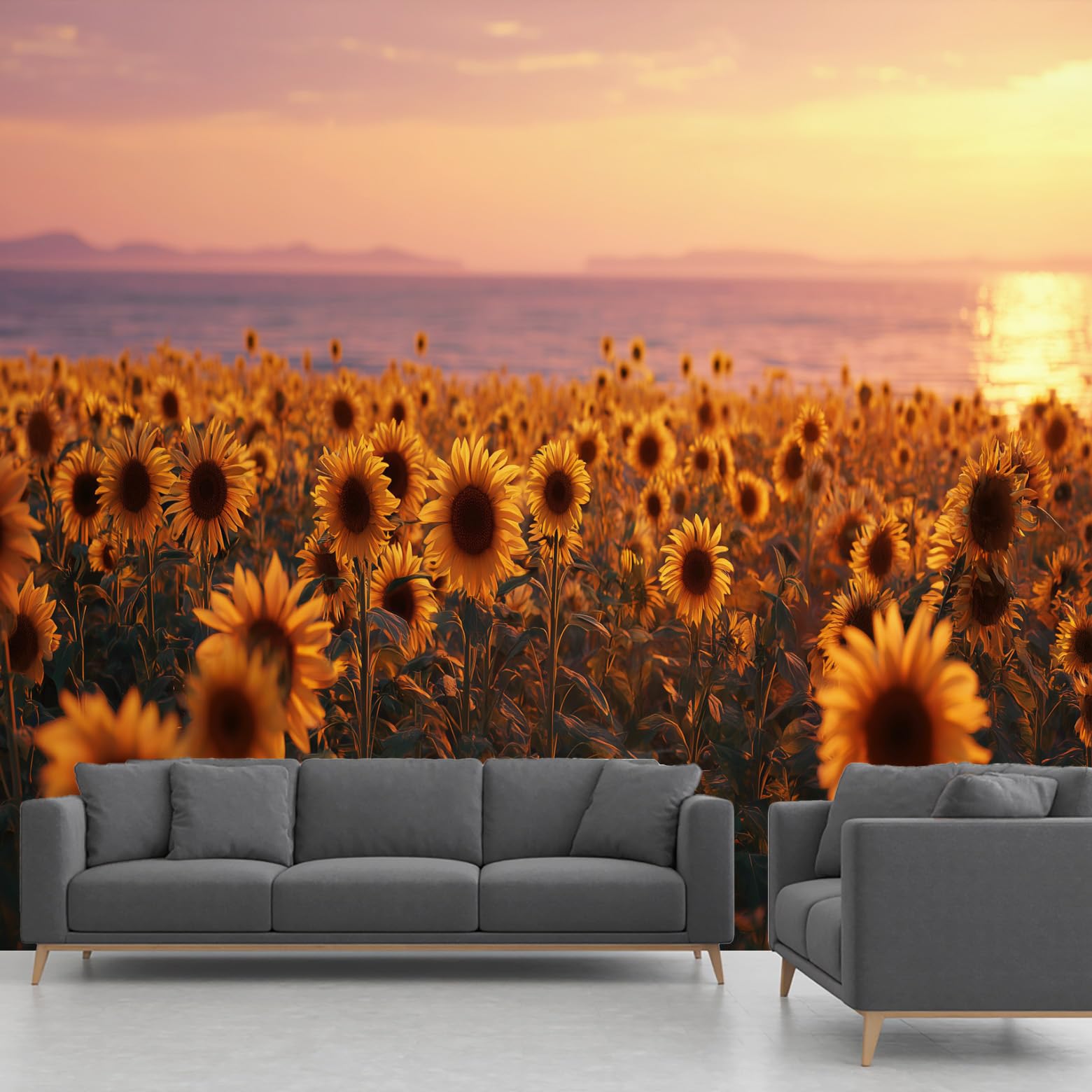 Papier peint tournesol panoramique et grand décor mural fleur coucher de soleil mer