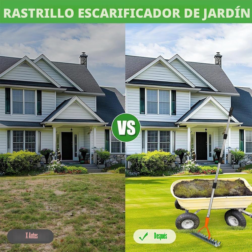 Escarificador Cesped con Mango 170 cm, Escarificador Manual Jardin, Escarificador Cesped Rastrillo, Rastrillo Aireador, Rastrillo Cortador para Eliminar el Musgo y los restos de césped,