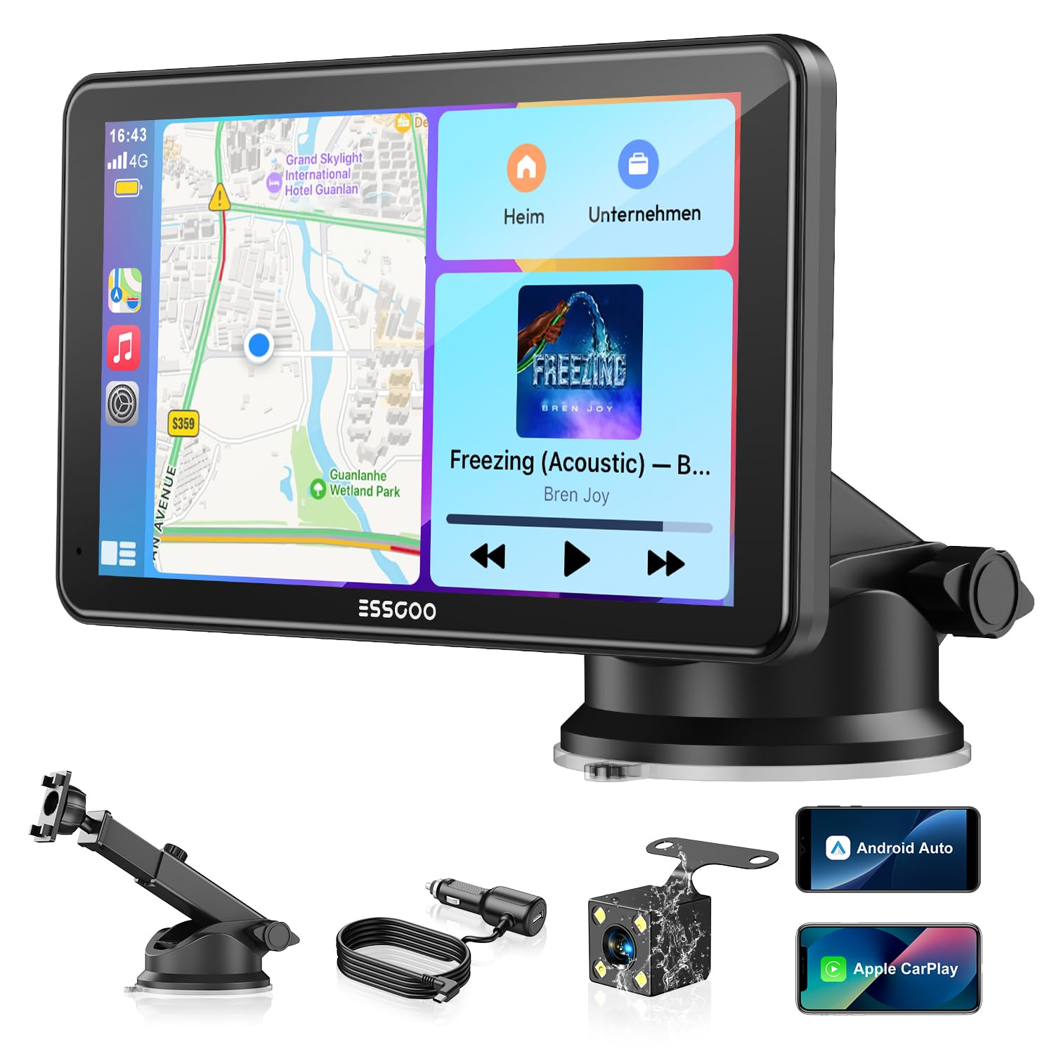 ESSGOO 7 Zoll Carplay Android Auto Display mit Rückfahrkamera 1080P | Apple Carplay Bildschirm für AirPlay/Mirror Link,IPS Touchscreen,GPS Navigation,Bluetooth 5.3,Sprachassistent,Autoradio,AUX