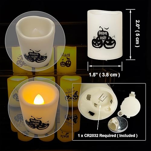 Miniatura 2 de Juego de 6 velas votivas sin llama de Halloween con calcomanías de calabaza, funciona con pilas, luces LED parpadeantes eléctricas falsas a granel