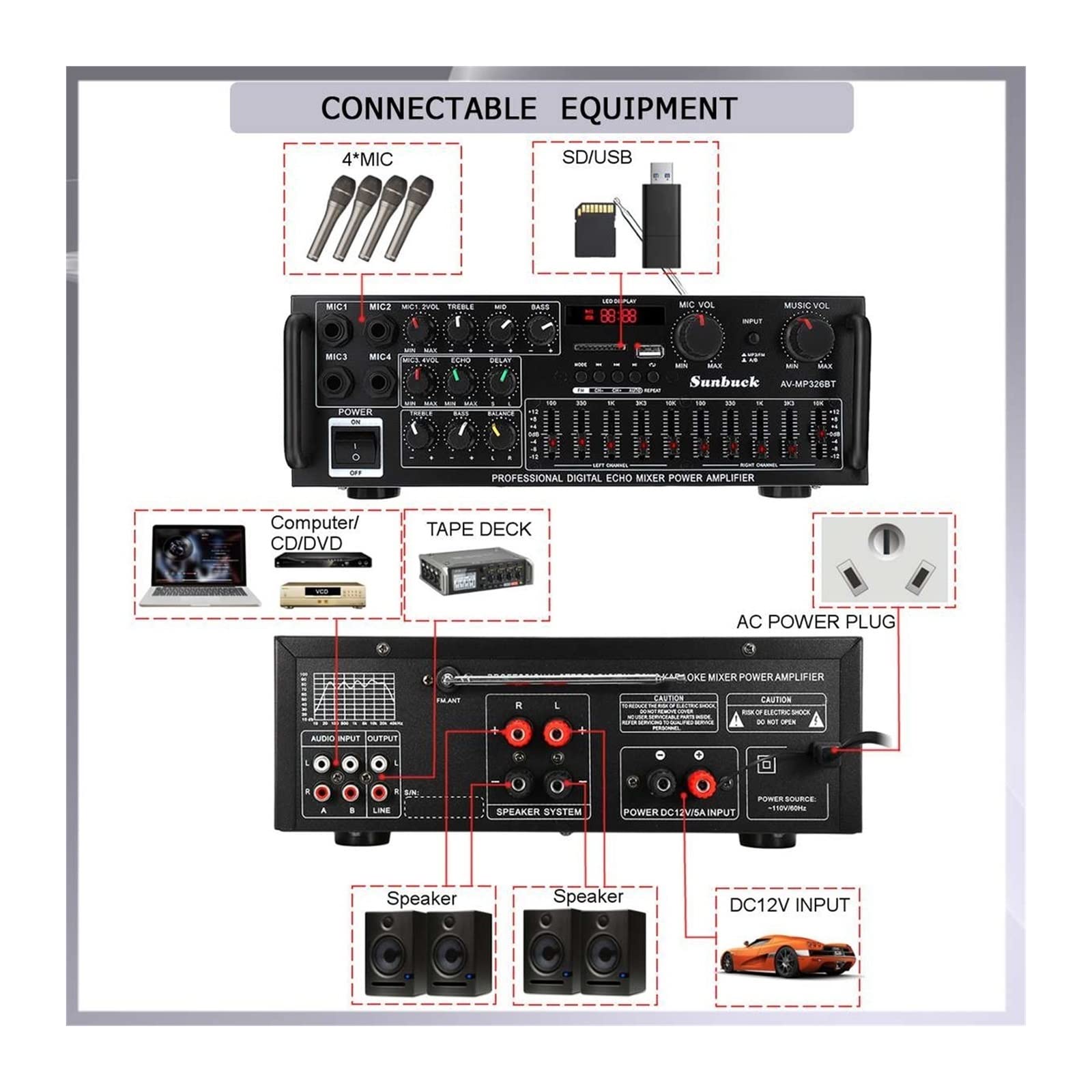 Amplificatore Audio, Amplificatore for auto DC12V Subwoofer for potente a 2 canali Amplificatori for amplificatori stereo for veicoli in lega di alluminio