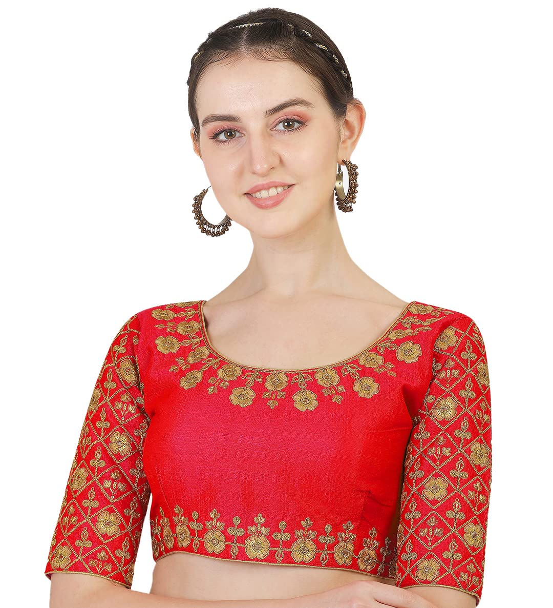 Pujia Mils Women's Silk Floral Half Sleeve Blouse (Madhubala_Red_36)