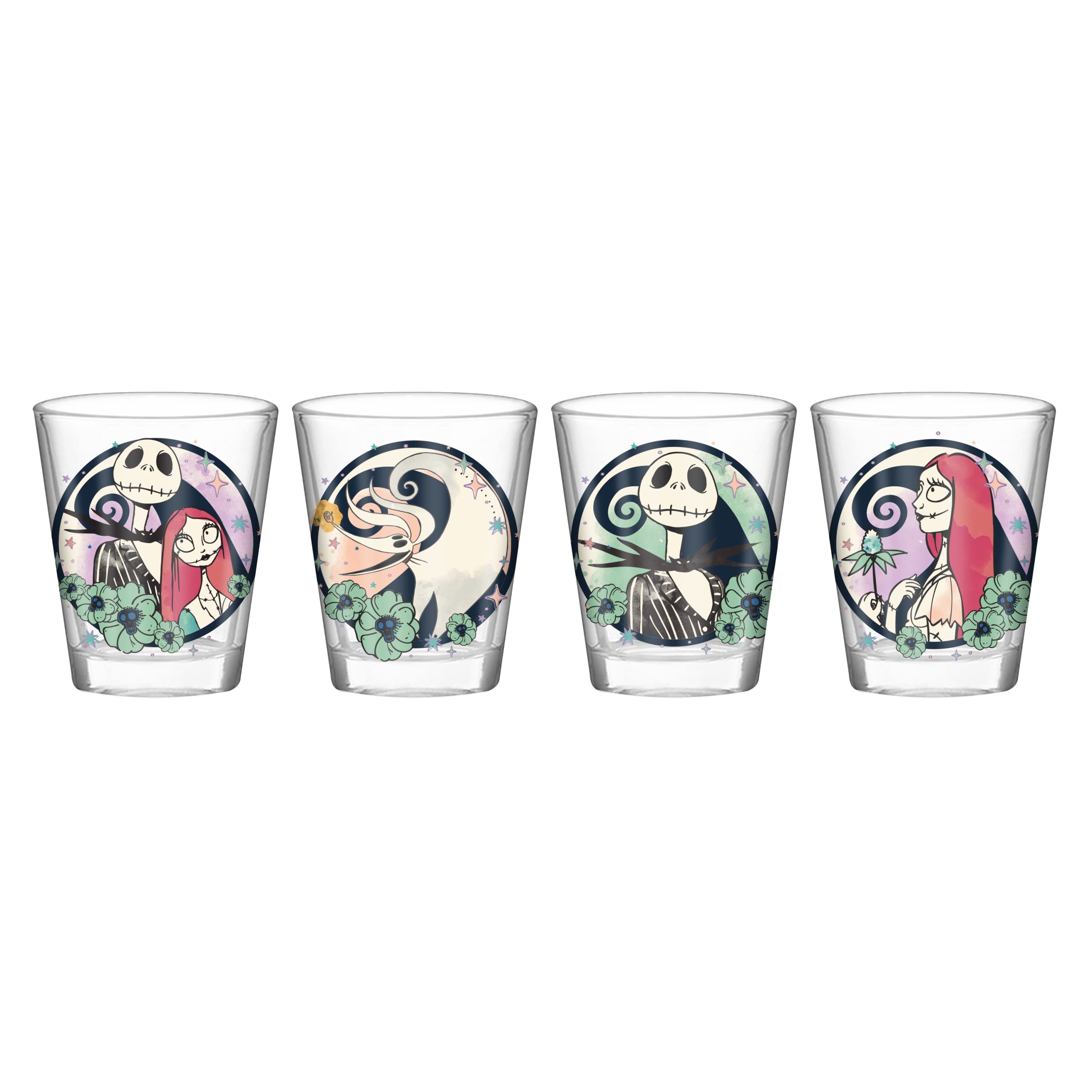 Silver Buffalo Disney Nightmare Before Christmas Featuring Jack Skellington, Sally, and Zero 4 Pack Mini Glass Set, 1.5 Ounces