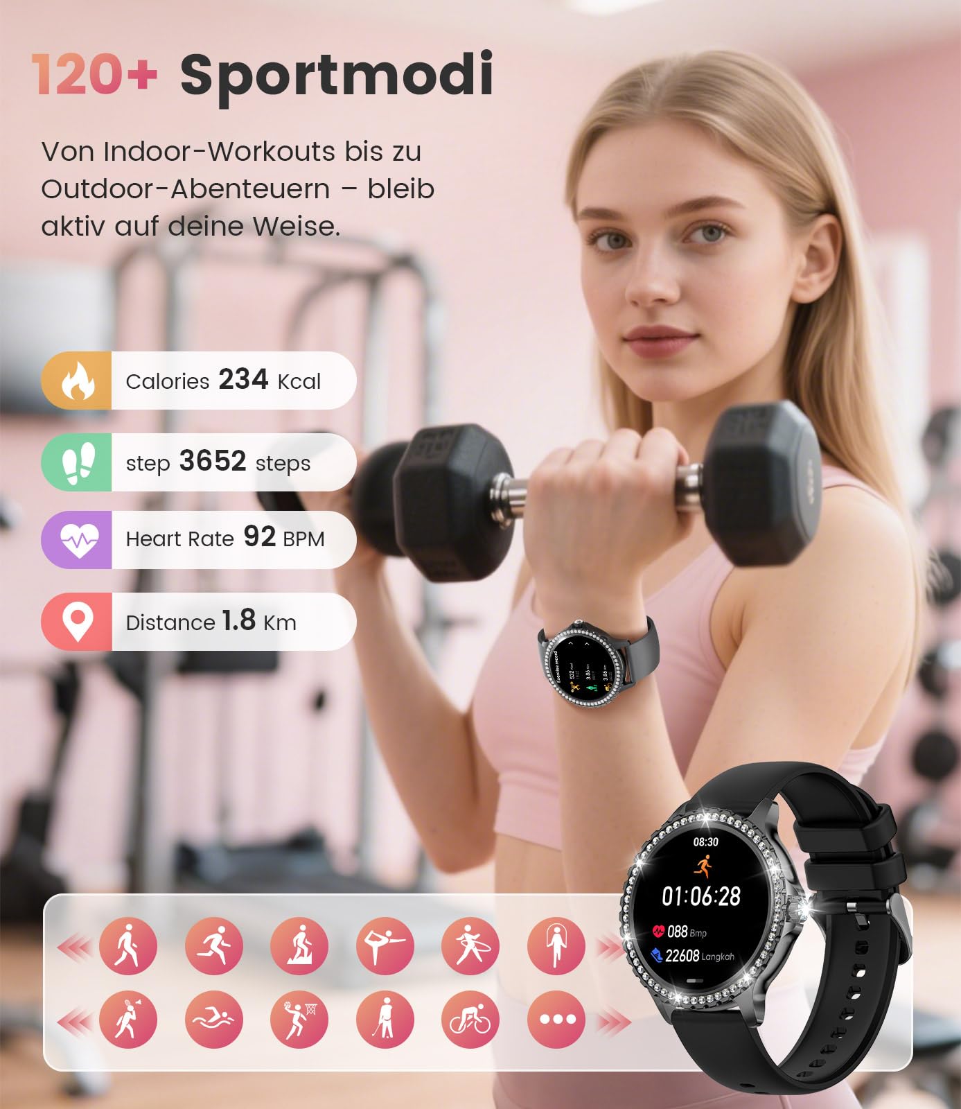 LIGE 1.32" HD Montre Connectée Femme avec Appel Bluetooth, Smartwatch IP68 avec Fonction Féminine/120+ Modes Sport/Fréquence Cardiaque/Sommeil/Cycle menstruel/Podomètre Calories pour Android iOS Noir