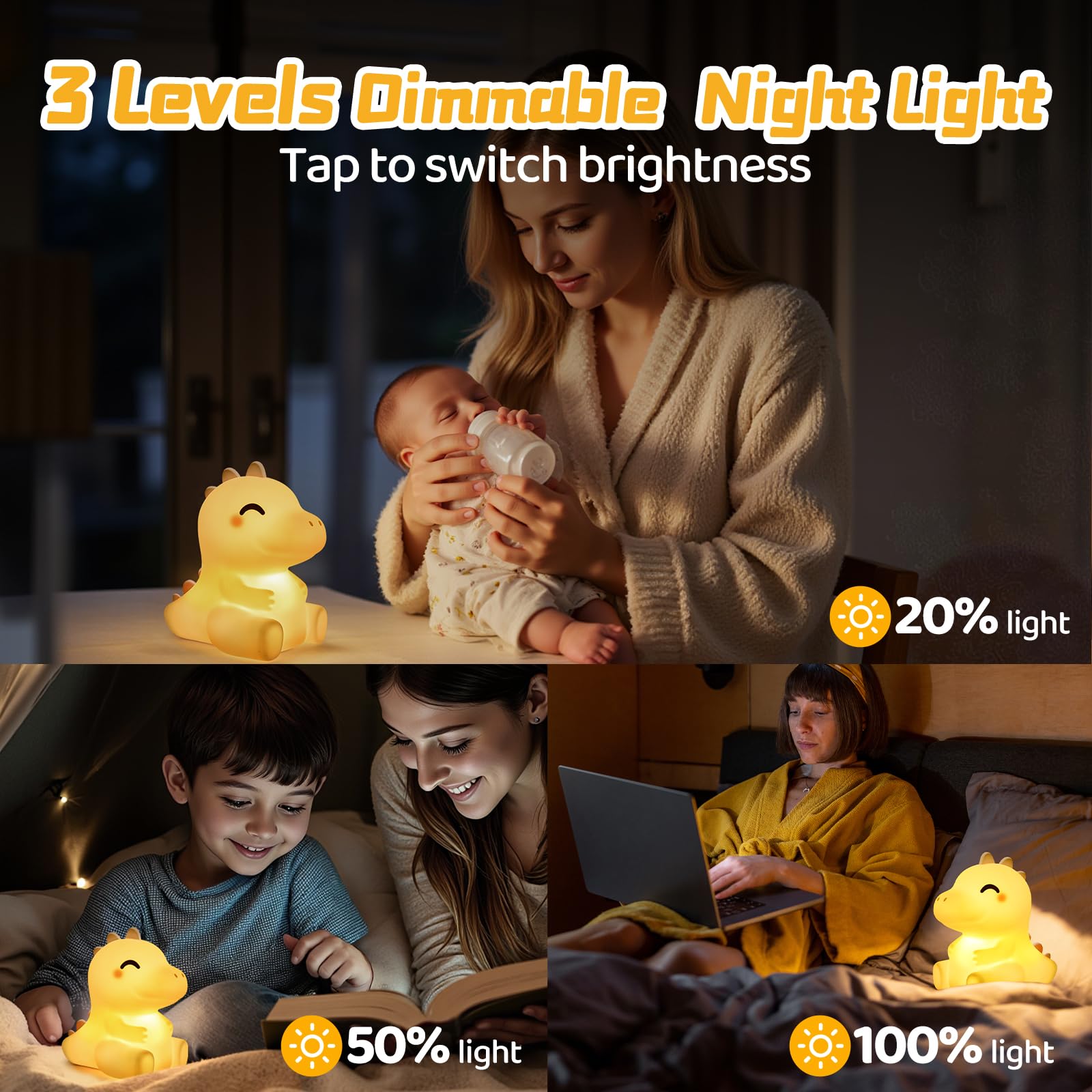 Mewaii Dino Nachtlicht Kinder, Silikon Dino Lampe mit 3 Helligkeitsstufen und 4 Weißrauschen, Wiederaufladbar und mit Langer Akkulaufzeit, Dinosaurier Geschenk Nachtlicht für Babyzimmer & Geschenke