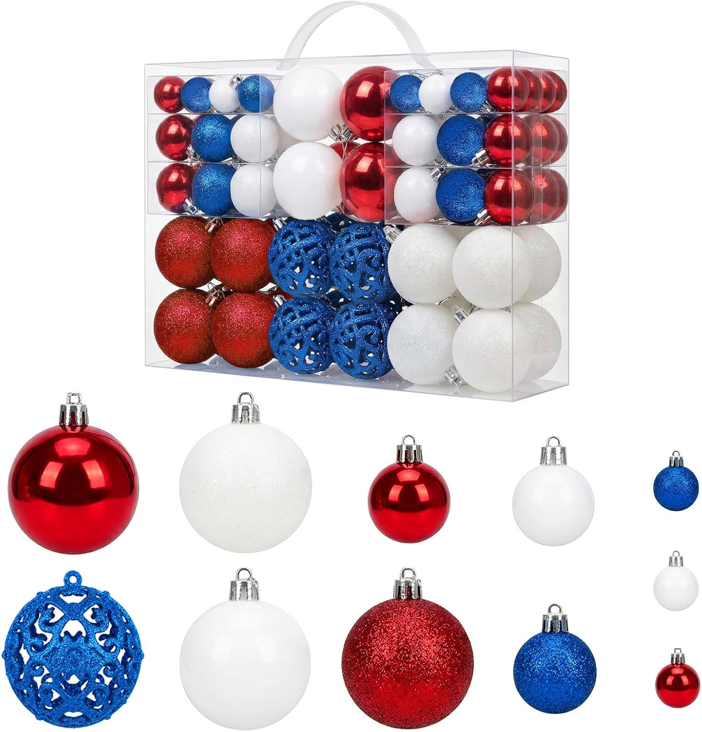 100pcs Ball Ornaments for the 4th of July, Shatterproof Christmas Tree Decorations, Perfect Hanging Ball for Indoor/Outdoor Holiday Party Decor (Red, Blue & White) (100)