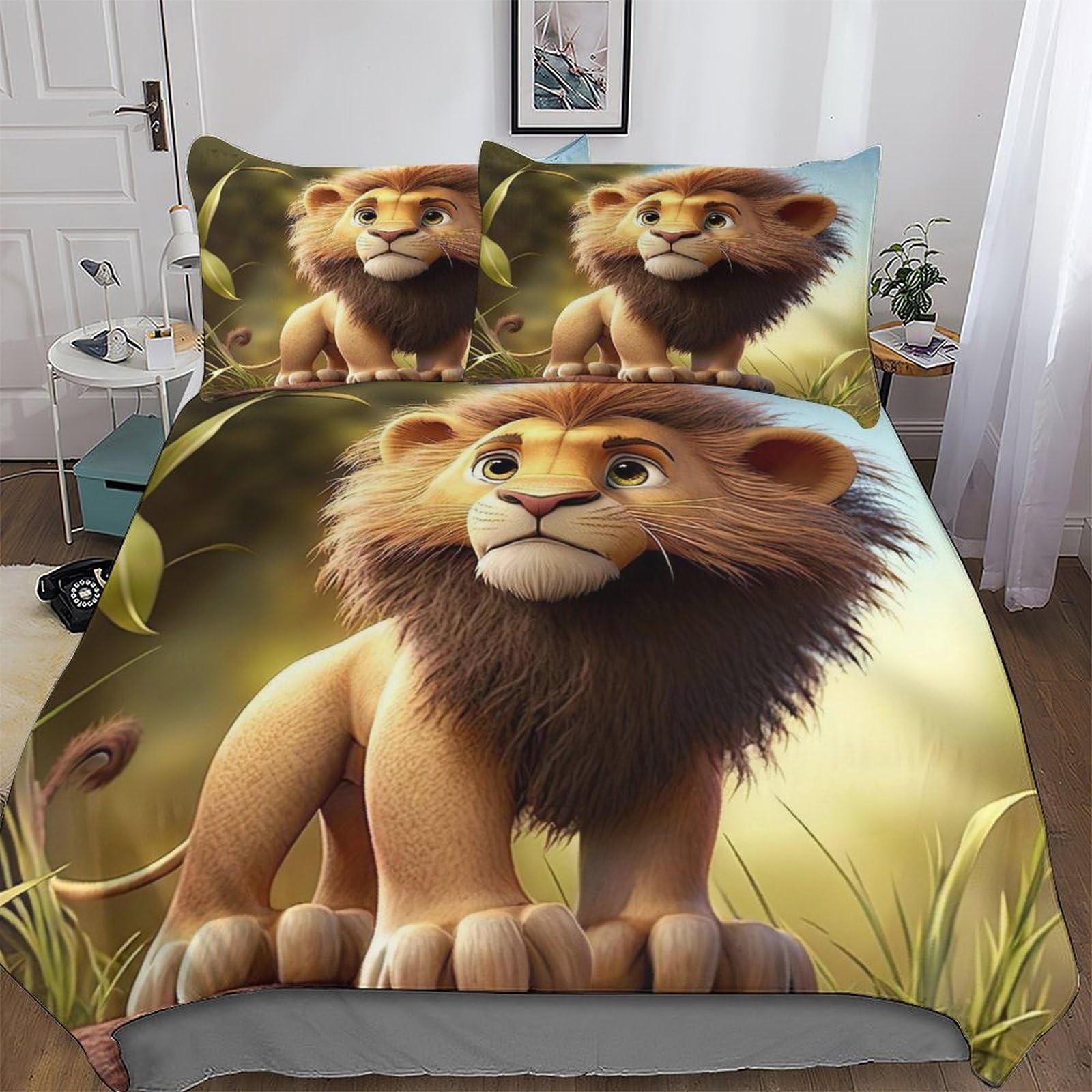 Housse de couette Lion 3D King 220x240cm en microfibre douce avec taies d'oreiller pour lit adulte