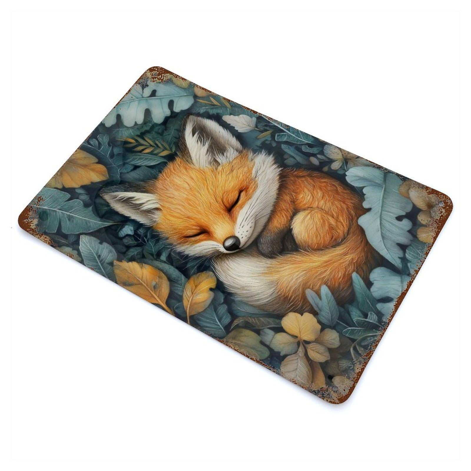 Sleeping Baby Fox In Autumn Leaves Rusty Metal Tin Sign 11.8"x7.9", for Pub, Kitchen And Man Cave Decor, Farmhouse Wall Decor