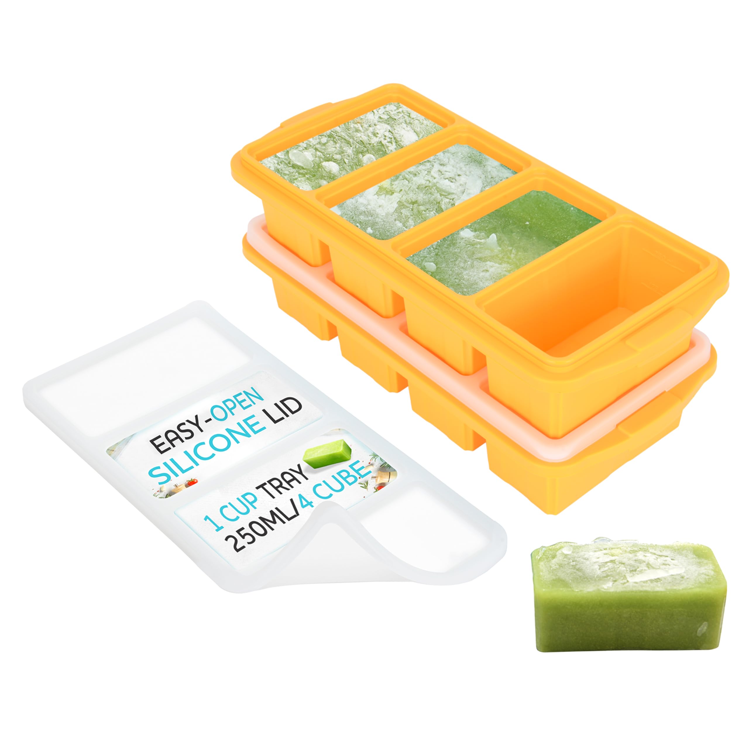 Silicone Freezer Tray With Lid - Soup Freezer Container molds - Large Ice Cube Tray- makes 8 perfect 1 cup portions cubes, 2-Pack Freezer Storage Food Soups & Meal Prep - Oven & Dishwasher -SafeGlobal Recycled StandardGlobal Recycled StandardGlobal Recycled Standard