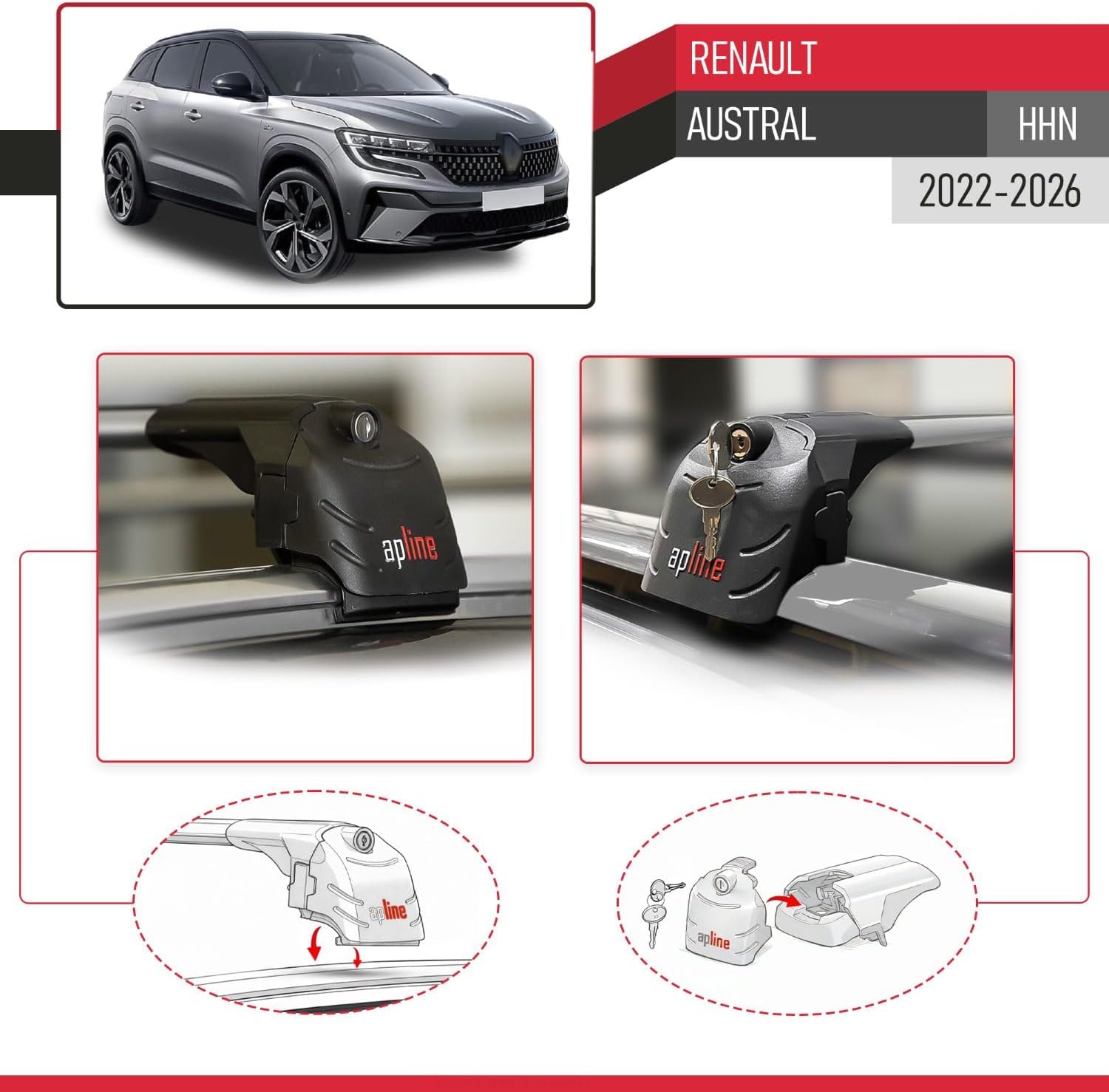 Compatible with Renault Austral (HHN) 2022-2026 ACE-2 Type Car Roof Rack Cross Bar Grey Aluminium Bars